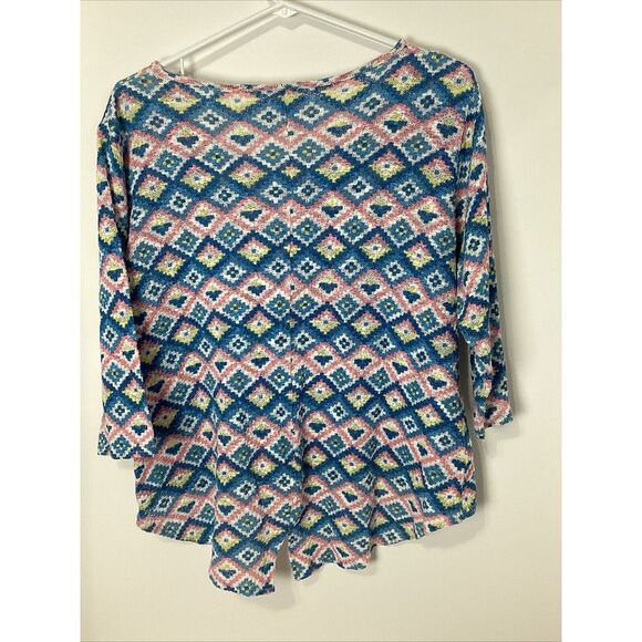 Wrangler Womens Pink/blue/yellow Aztec Lacey 3/4 Sleeve Top Split Tail - Picture 5 of 5